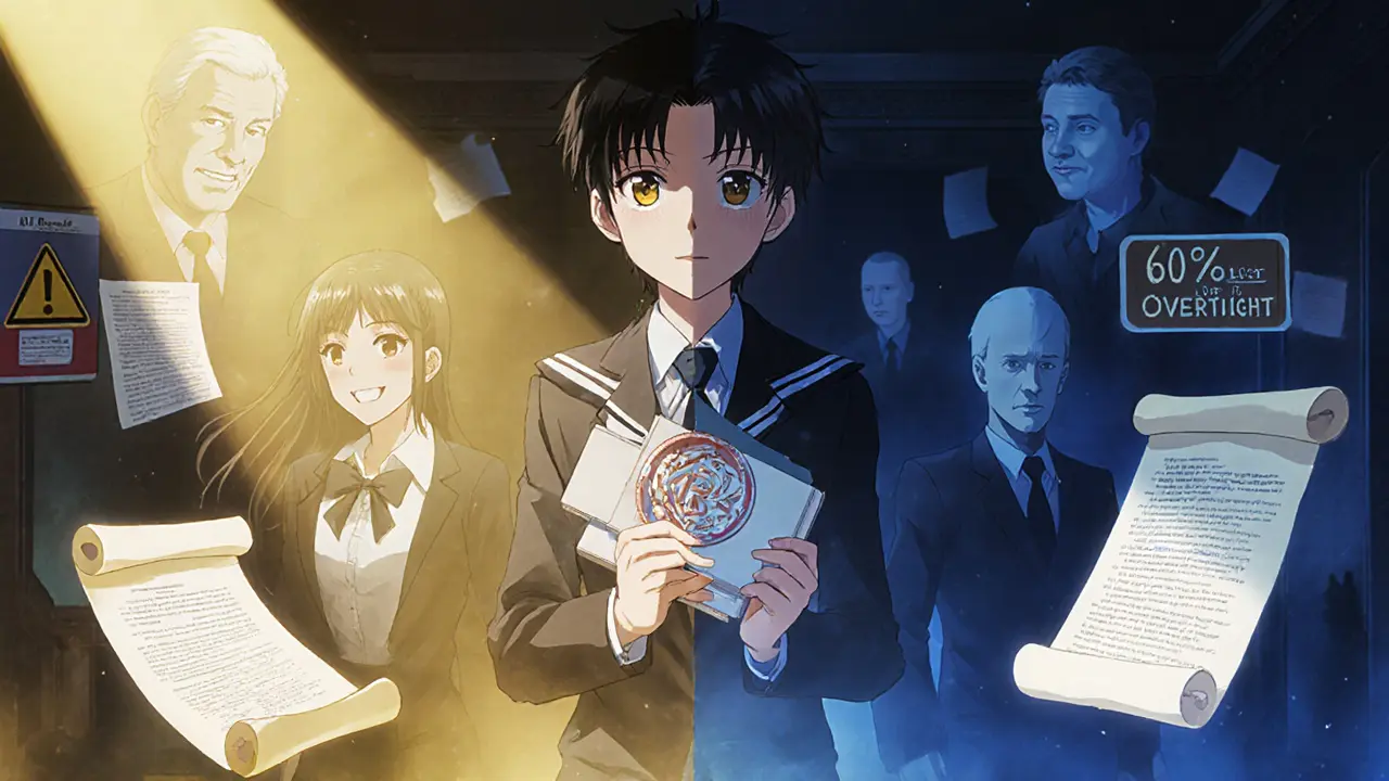 A teen holding a hardware wallet in a room split between golden institutional safety and cold hacker shadows, surrounded by legal scrolls.