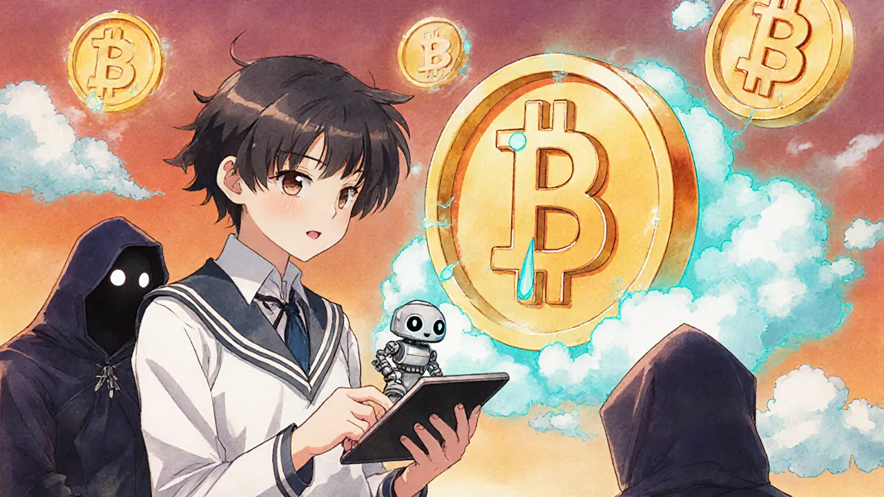 A teenager helps a small robot pay a fee to rescue its parent Bitcoin coin in a whimsical mempool.