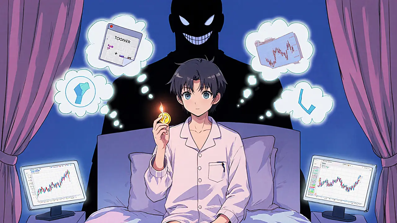 A trader in pajamas holds a flickering TOOKER token as a shadowy &#039;Rug Pull&#039; figure looms behind them.