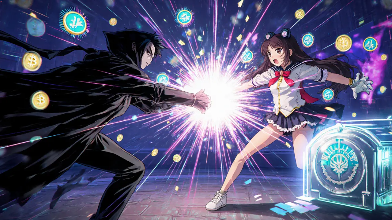 A user activates a MILK token shield to block a front-running bot in a digital arena with glowing fee sigils.