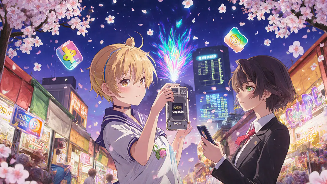 A vibrant anime-style marketplace where characters trade digital miner NFTs under a twilight sky with holographic price tags.