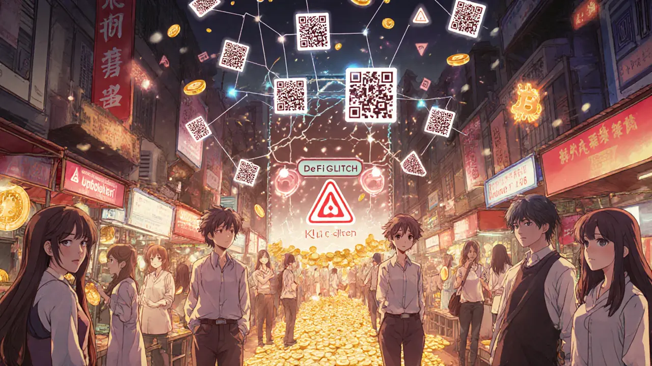 A vibrant street market in Southeast Asia where vendors accept crypto via holograms, with a cracked DeFi server leaking coins above.