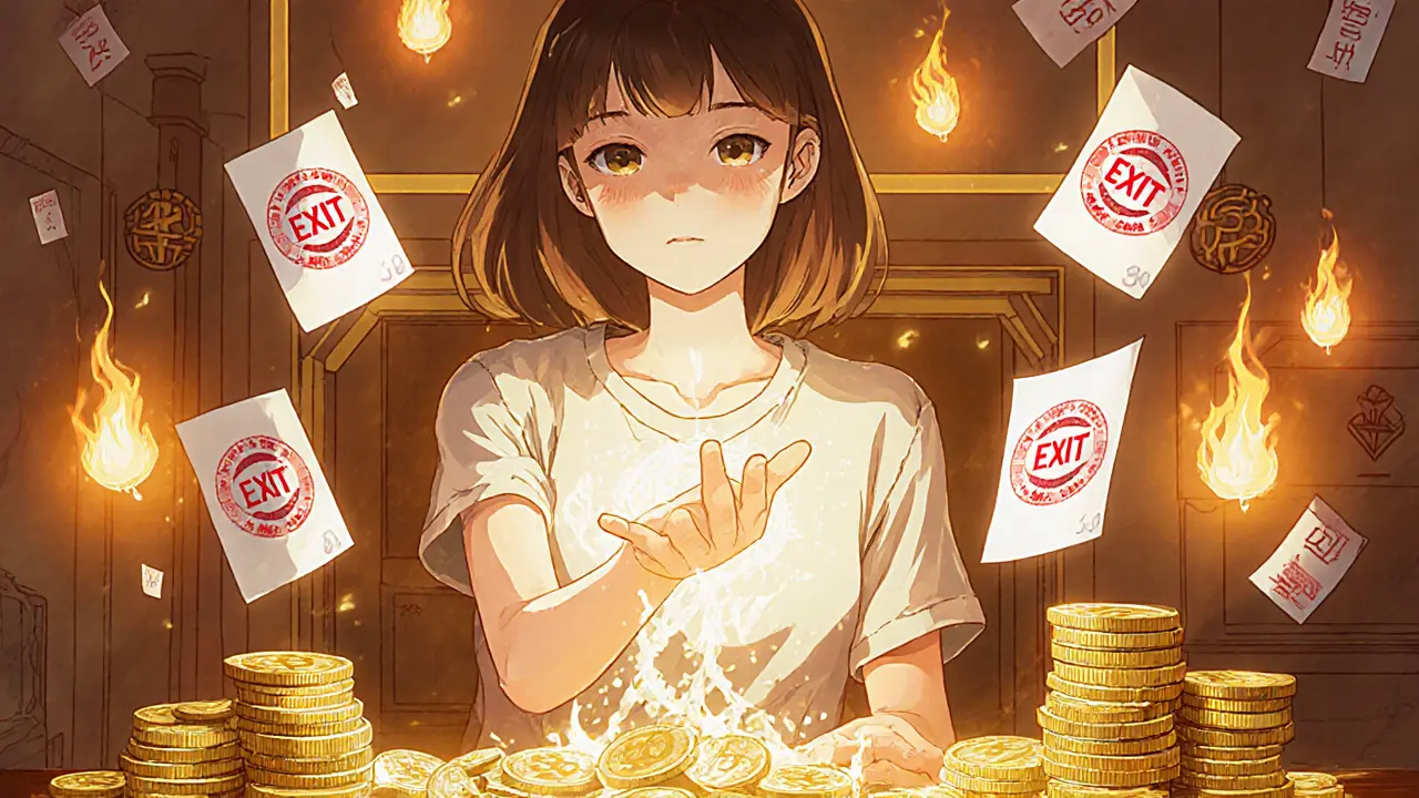 A woman in Lisbon performing a magical ritual, turning Bitcoin into golden coins as tax forms burn like lanterns.