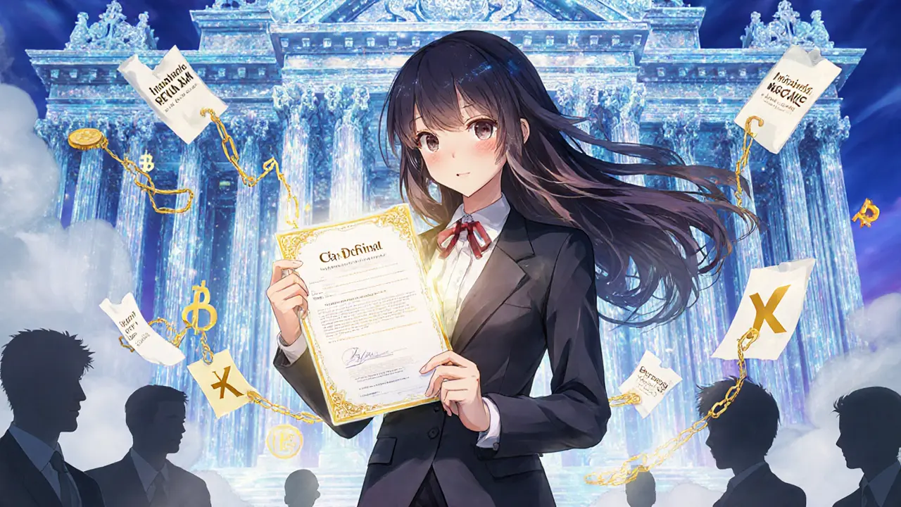A young entrepreneur holds a glowing compliance license before a crystalline BaFin courthouse in anime style.