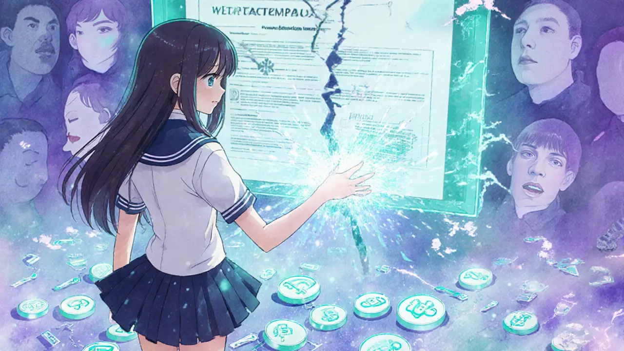 A young girl casting a sealing spell to stop counterfeit tokens from bursting out of a glitching smart contract.