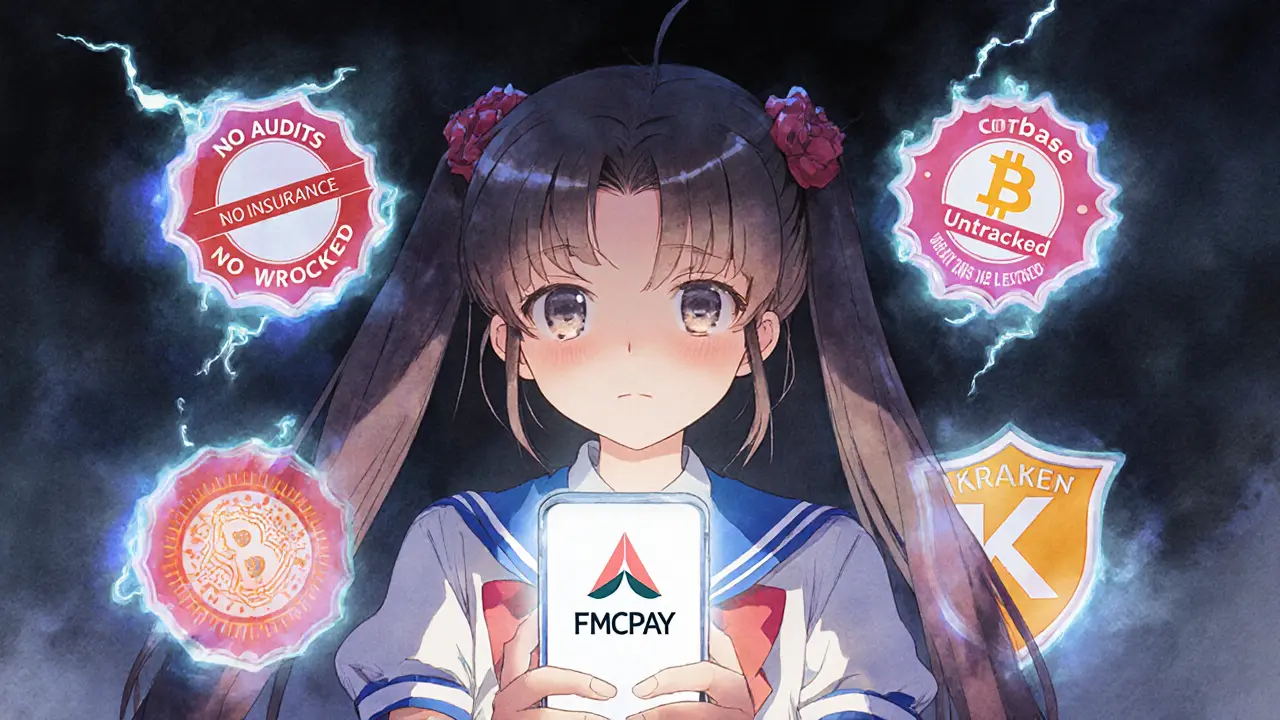 A young user facing warning seals as regulated exchanges glow safely in the background.