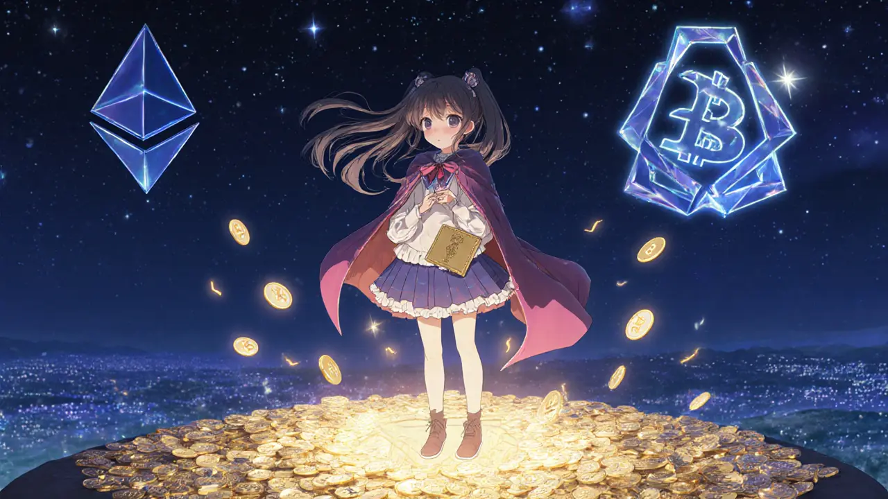 A young user holding a wallet as BNC tokens rise like fireflies beneath a celestial Bifrost gate.