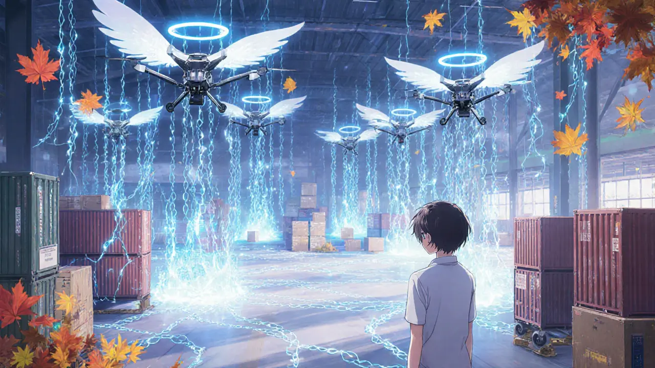 AI drones scanning shipping containers connected by glowing blockchain vines in a futuristic warehouse.