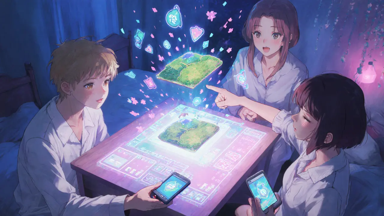 Brazilian teens trade virtual land NFTs on a holographic display, one item transforming into a smartphone.