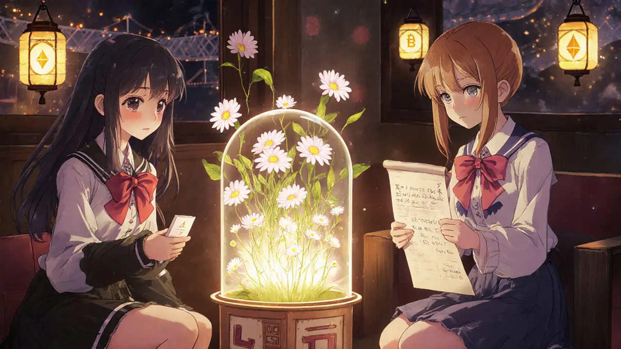 Characters in a DeFi lounge using LUSD for borrowing and earning rewards with floating crypto symbols.