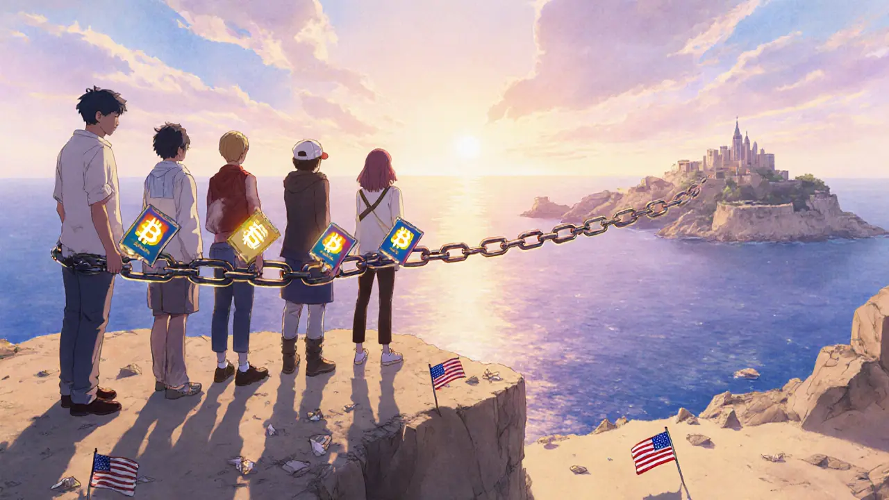 Crypto expats on a Malta cliff at sunrise, holding new passports as U.S. flags crumble below them.