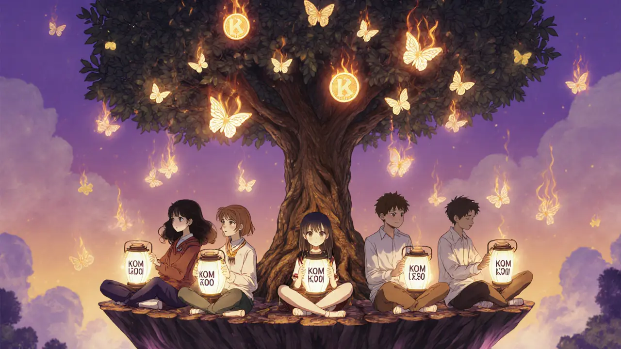 Diverse users sit on a floating platform of staked KOM tokens, watching burning tokens turn into butterflies above a blockchain tree.