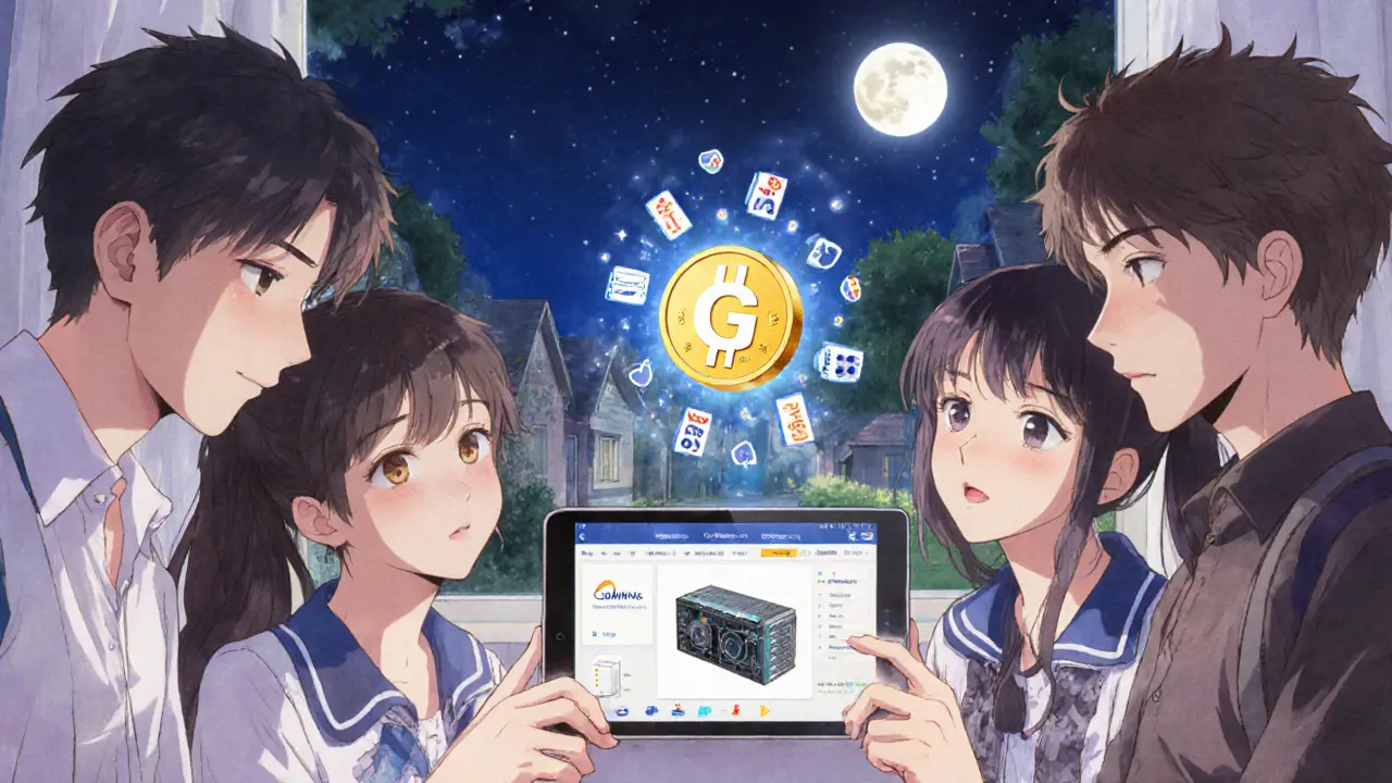 Friends watching a mining rig stream on a tablet, with a magical GOMINING token hovering above them, glowing softly in the night.