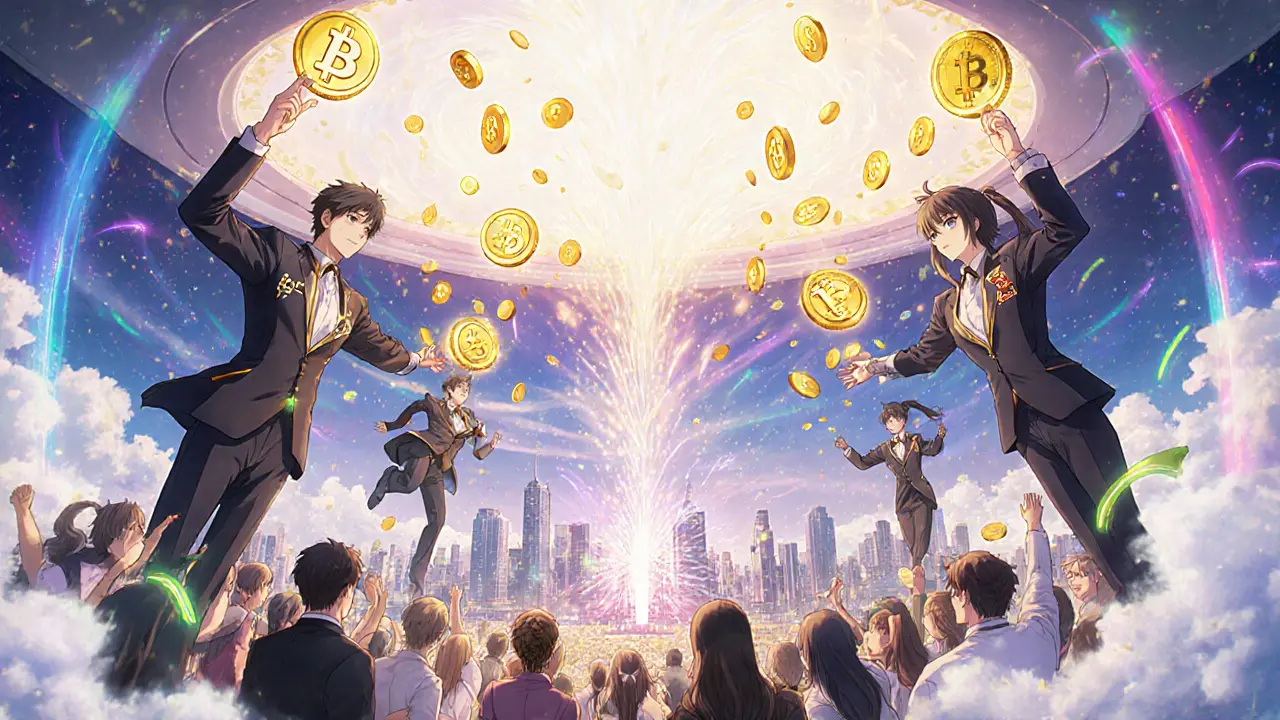 Majestic investor guardians raining tokens onto a city skyline shaped like blockchain blocks under a aurora of LMTS tokens.