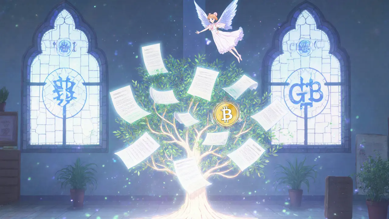Patient records flowing as scrolls through a blockchain tree, corrected by an AI spirit with golden light.
