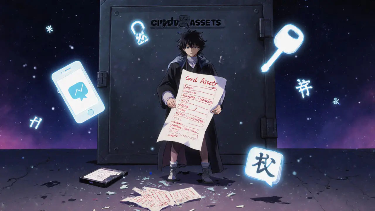 Person holds recovery codes like talismans before a locked vault, broken phone at feet, security artifacts glowing behind.