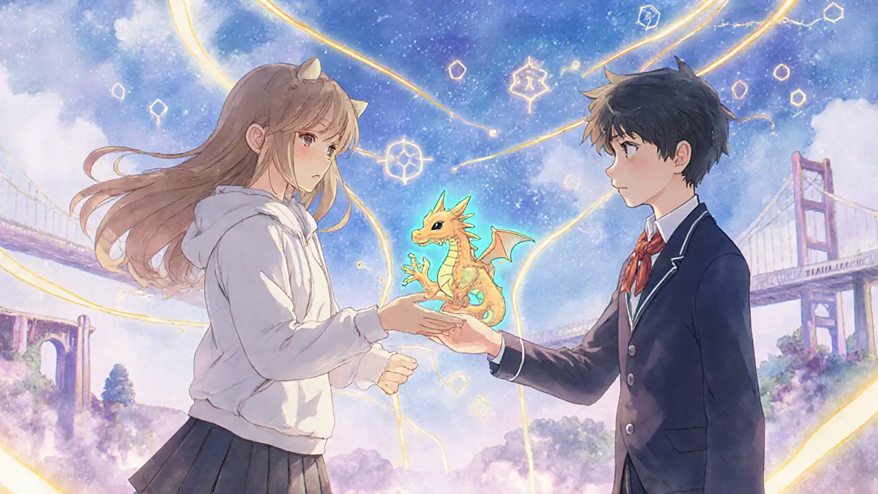 Players exchange NFT dragons across glowing digital bridges in a vibrant, interconnected metaverse marketplace.