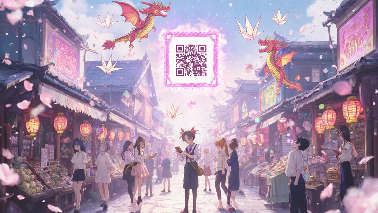 Players interact with flying dragons in a dreamy digital marketplace with glowing lanterns.
