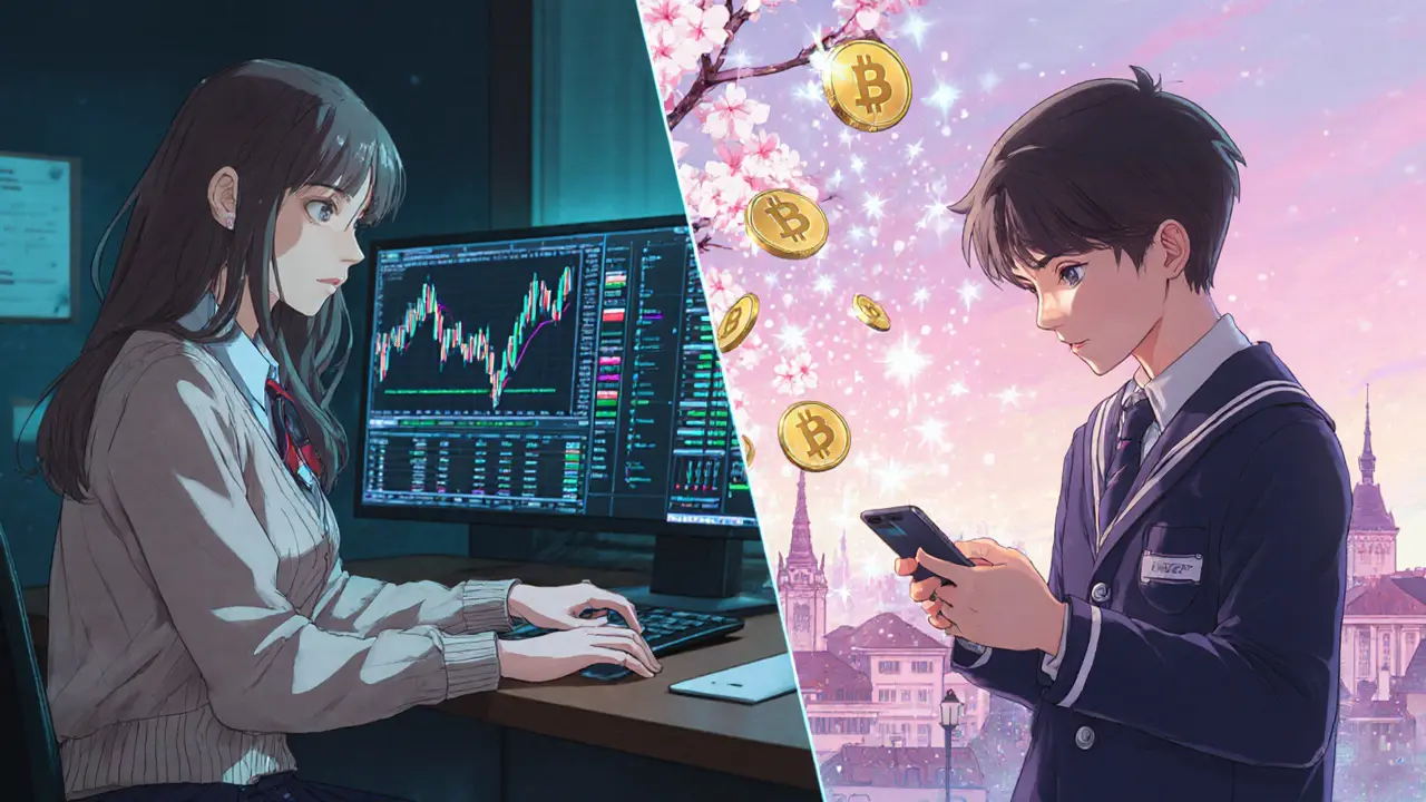 Split scene of a trader using professional crypto charts and another buying instantly on a phone, cherry blossom-like coins falling in Tbilisi at dusk.
