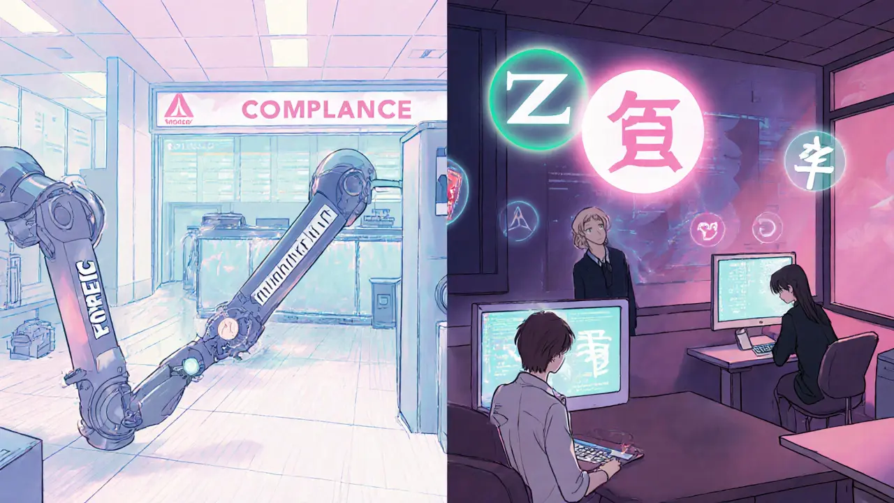 Split scene: sterile exchange deleting privacy coins vs. hidden users trading via glowing digital runes in a dim underground network.