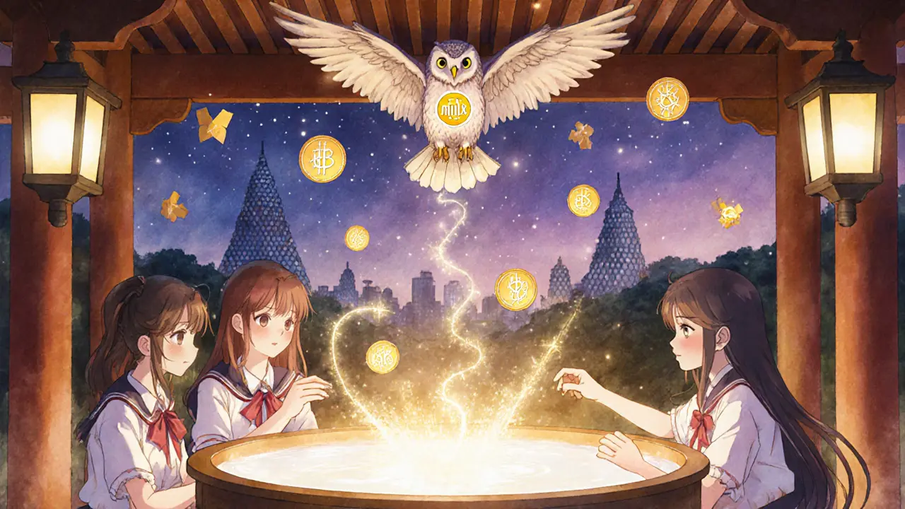 Students adding liquidity to a glowing ADA/MILK pool in a mystical temple, rewarded with golden sparkles by a wise owl.