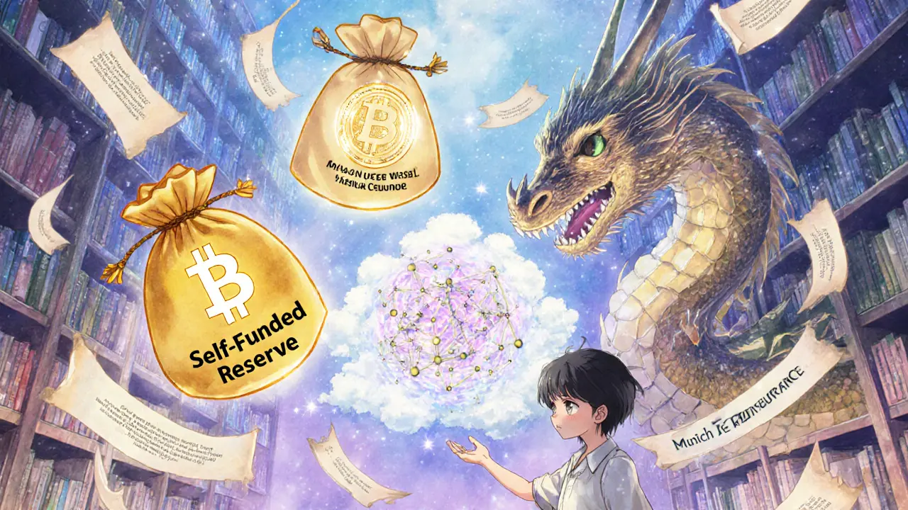 Three magical insurance artifacts float in a celestial library as a staker chooses one.