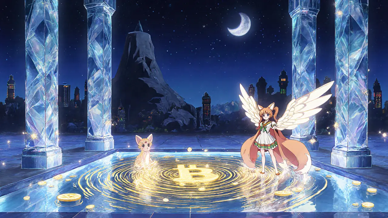 Two liquidity providers stand beside a shimmering USDC/USDT pool in a magical DeFi temple.