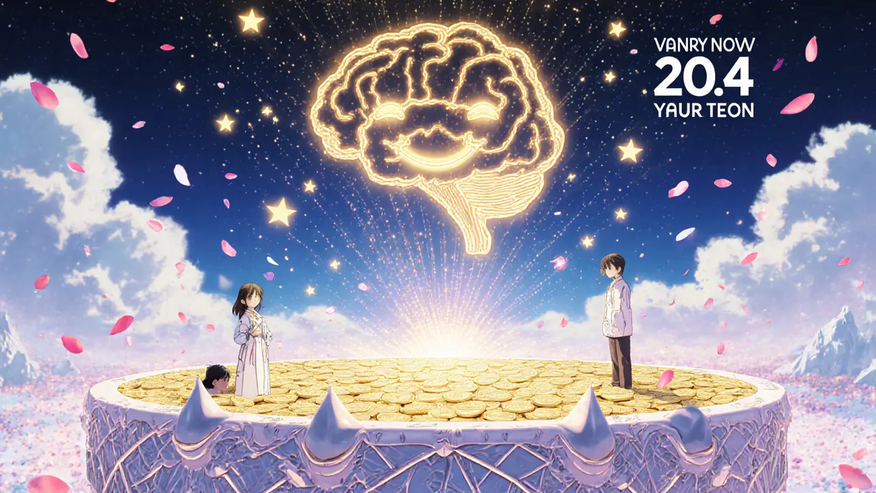 Users staking VANRY tokens at a glowing altar, with a star-shaped AI brain forming in the sky and falling cherry petals.