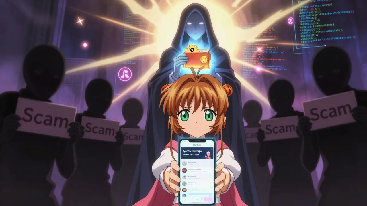 A beginner faces phishing scams as a guardian of secure crypto stands protectively, holding Monero and Zcash wallets.