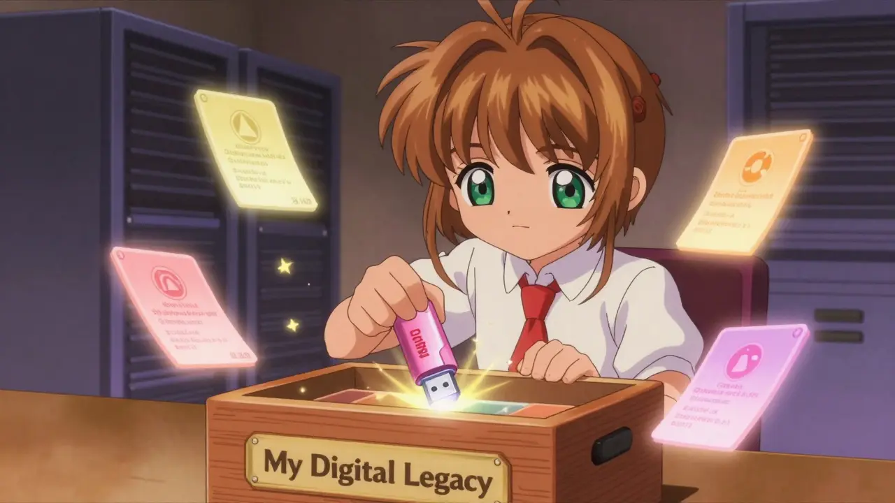 A child places a USB drive into a legacy box as glowing NFTs shine, while corporate servers fade away in warm tones.