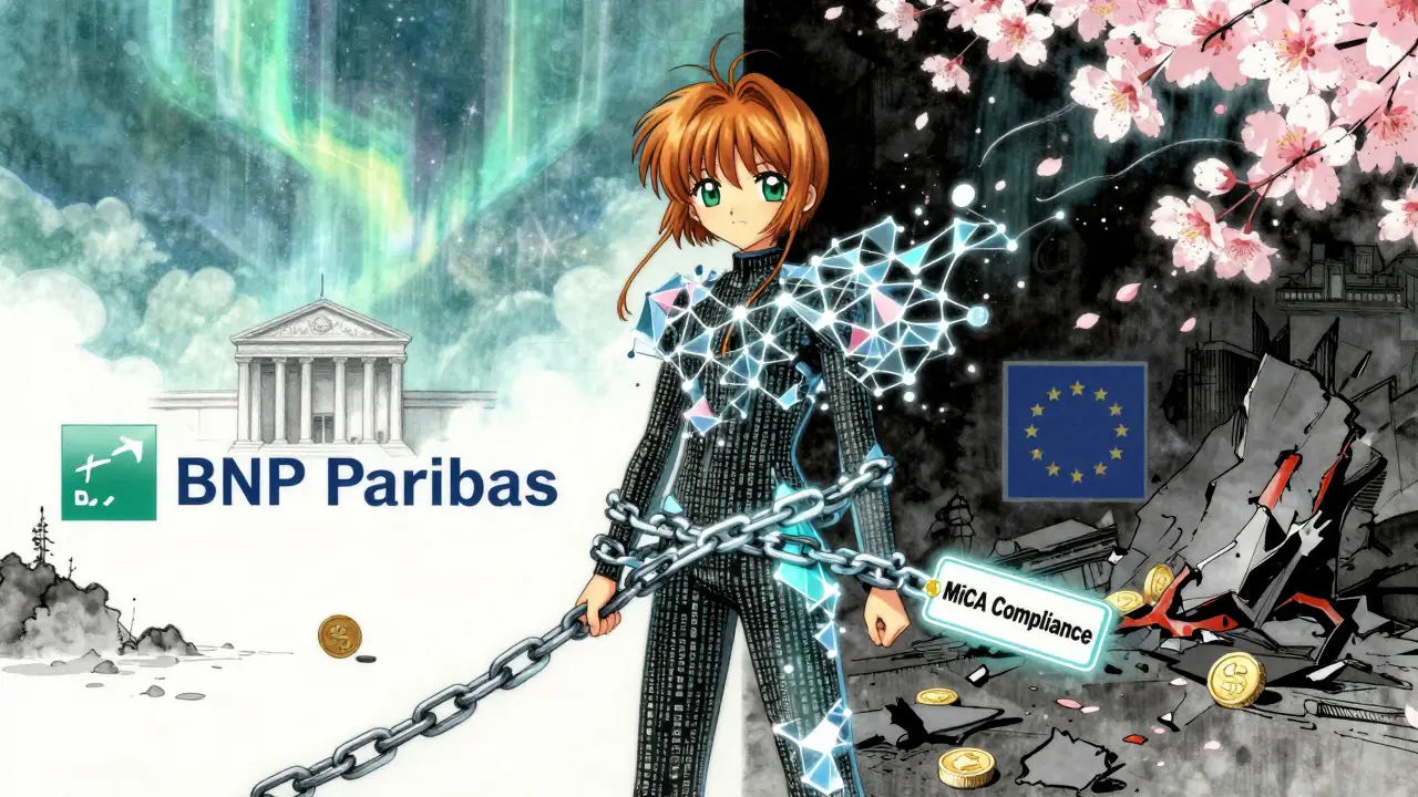 A code-based DeFi figure is restrained by MiCA's chain, with two paths showing success or failure behind them.