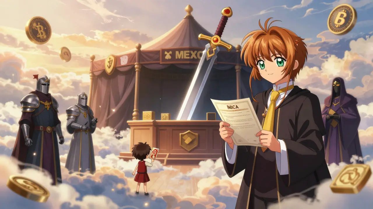 A courtroom in the clouds where a YubiKey sword defeats a casino tent, with Kraken and Coinbase as knights beside a child holding a Bitcoin.