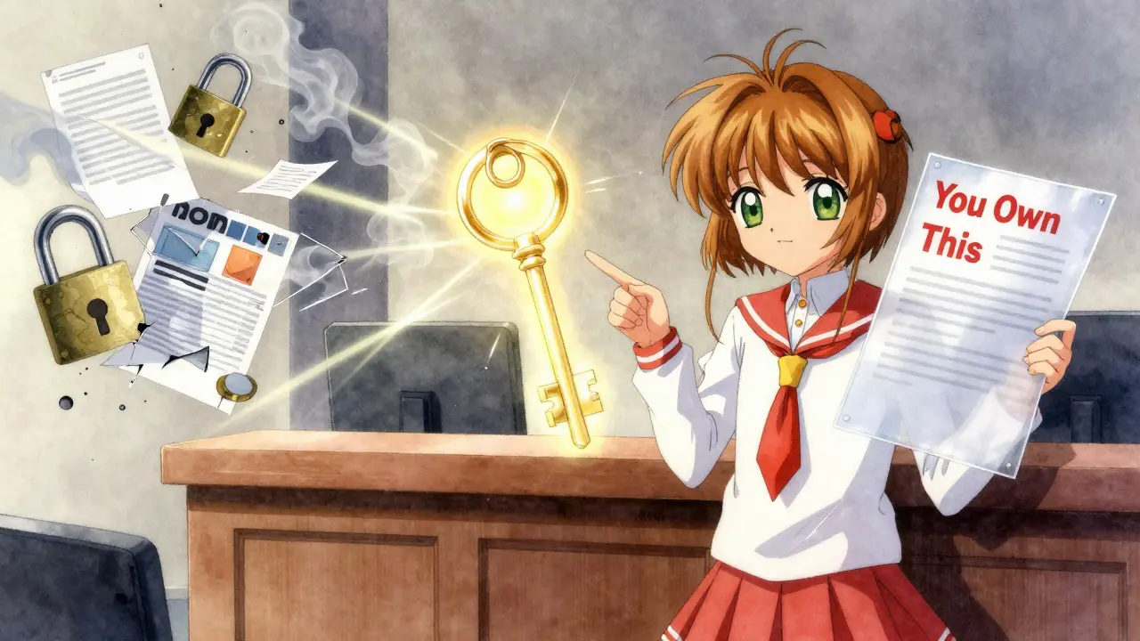 A courtroom with a glowing blockchain key defeating shattered DRM locks, lit by ethereal beams in anime style.