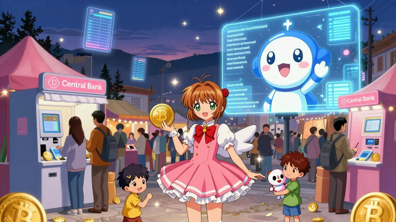 A festive street scene in La Paz with people using approved crypto kiosks under a holographic bank mascot.