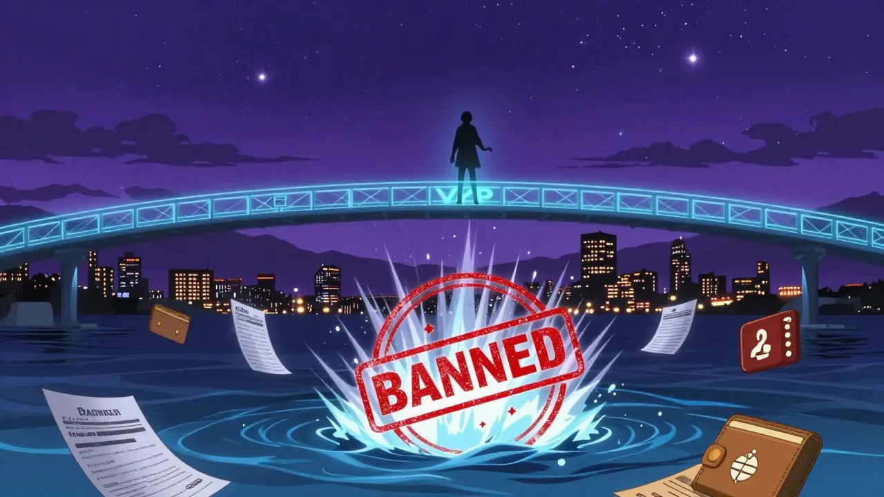 A figure crossing a VPN tunnel to an offshore exchange under a crashing 'BANNED' seal.