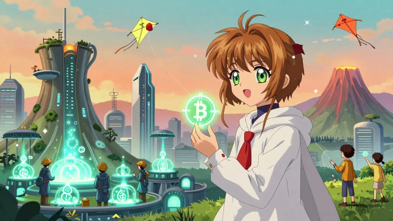 A futuristic Bitcoin City built on volcanoes with glowing crypto nodes and children flying Bitcoin-shaped kites under warm orange light.