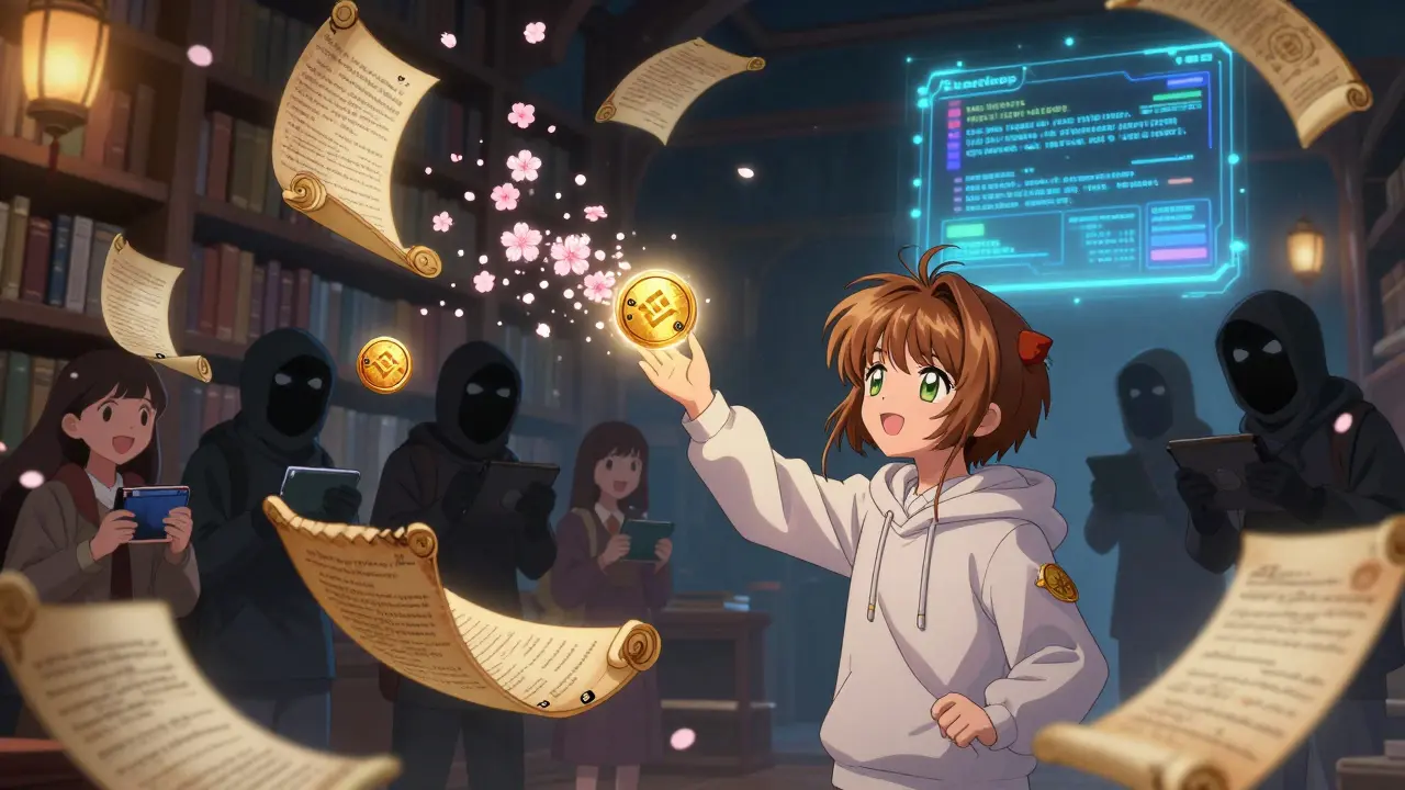 A girl in a hoodie touches a SHIBARMY token that transforms into a spiral of SHIB tokens, surrounded by floating crypto scrolls.