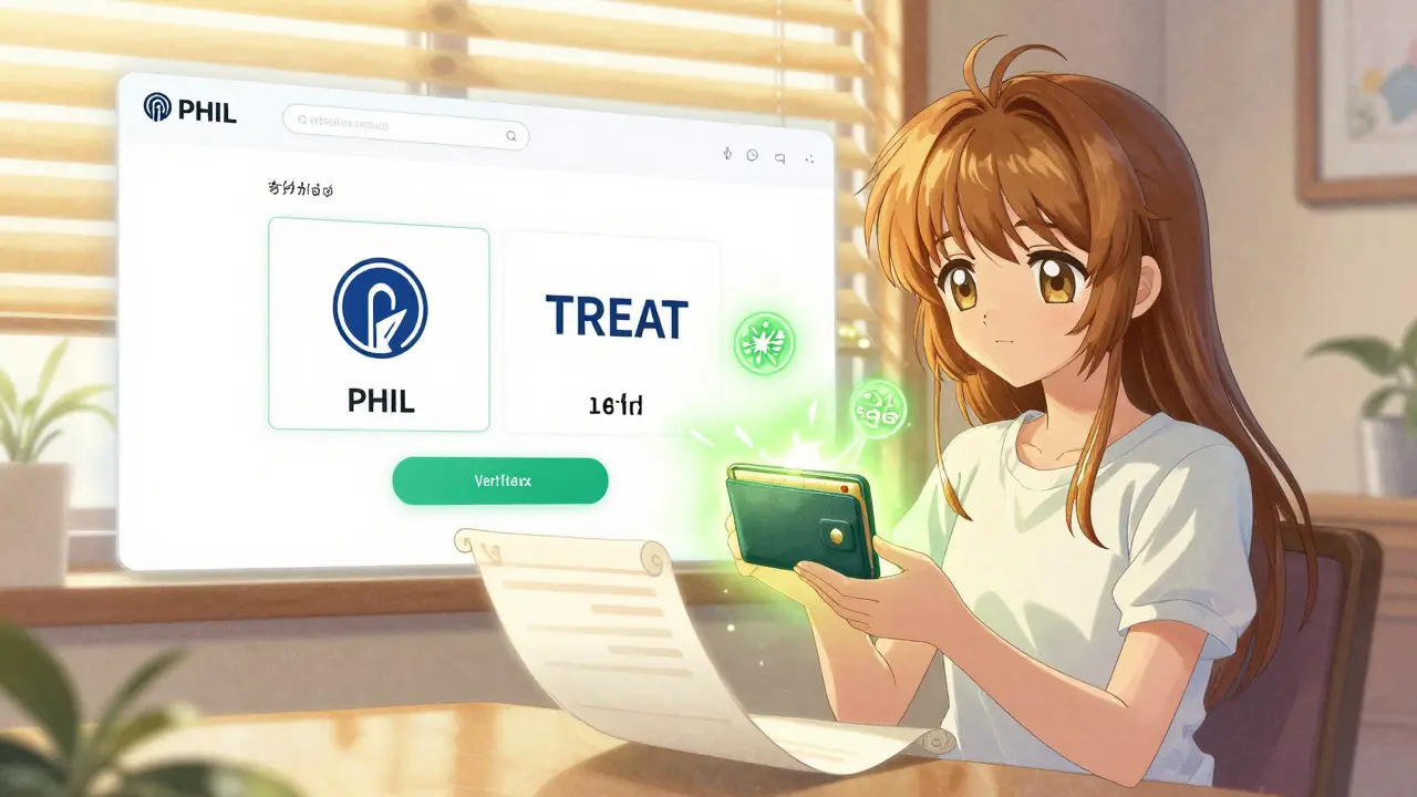 A girl receives a verified Shiba Inu airdrop notification as a glowing scroll, safe and calm.