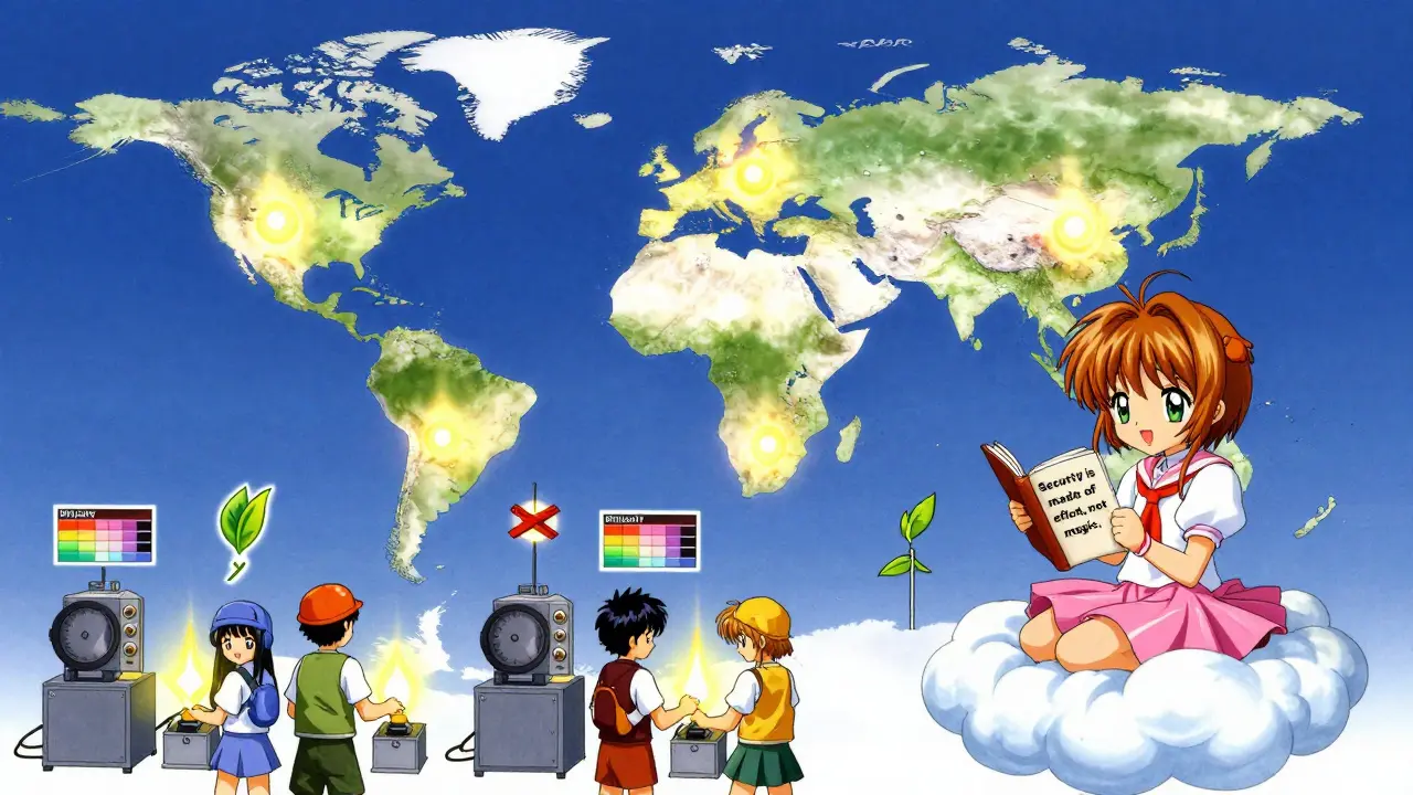 A global map with pulsing mining hubs and a child reading a self-writing diary about network security.