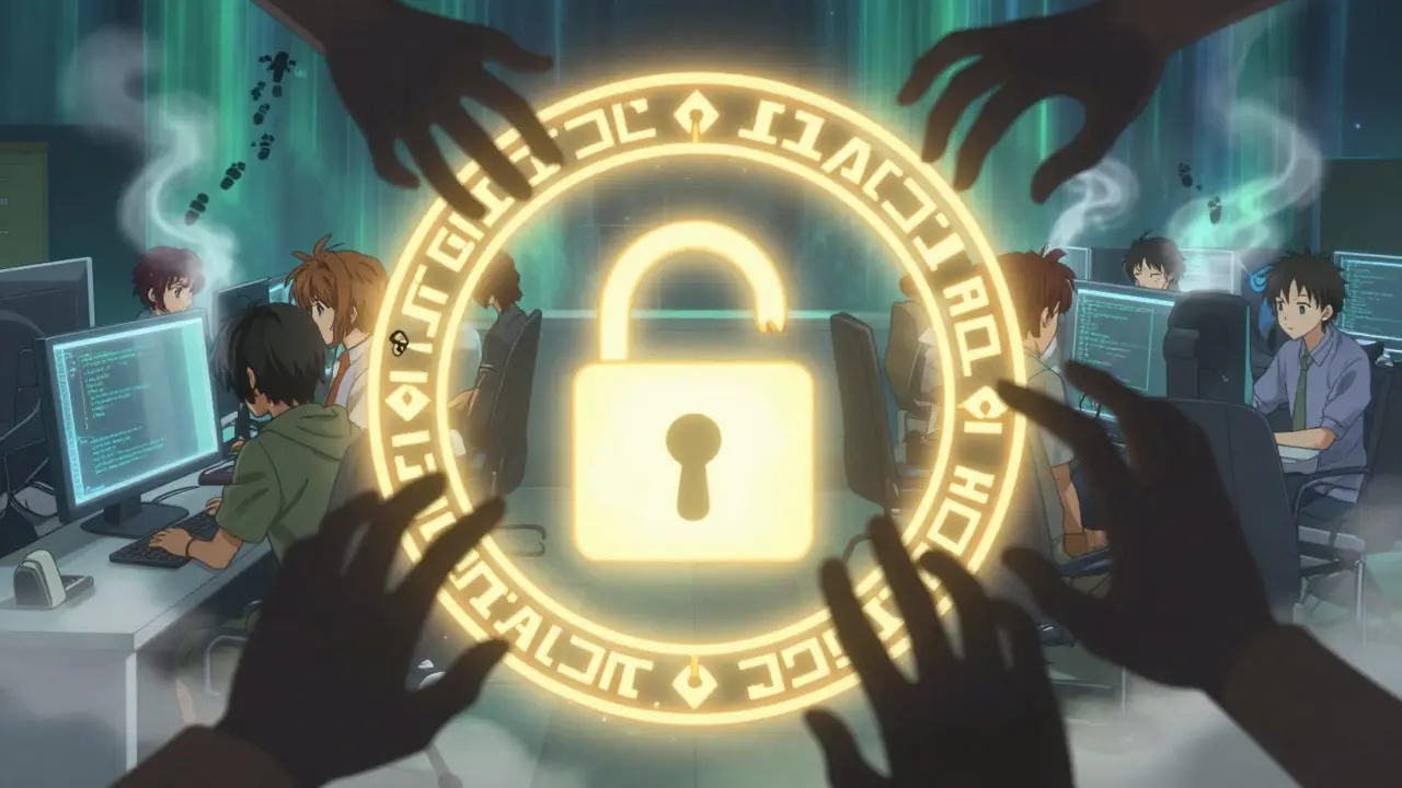 A glowing security lock protects a blockchain from shadowy hands, while honest developers work in the background.