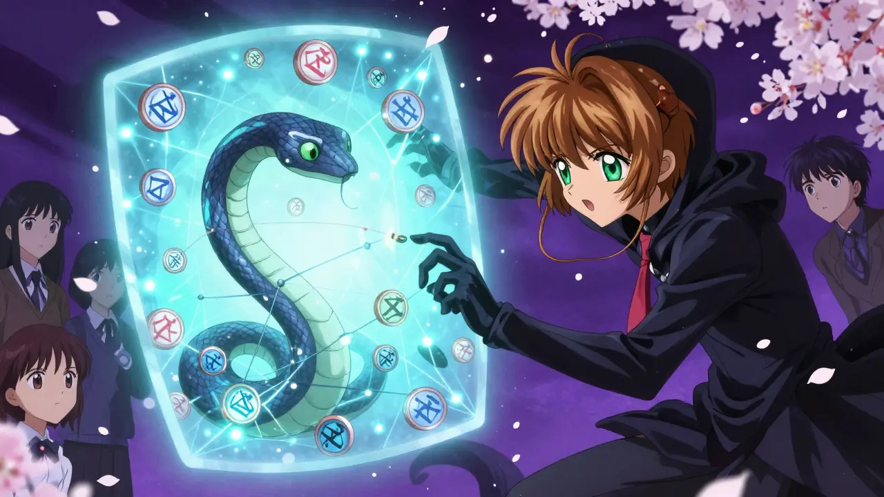 A hacker's corrupted data serpent is blocked by a shield of consensus tokens.