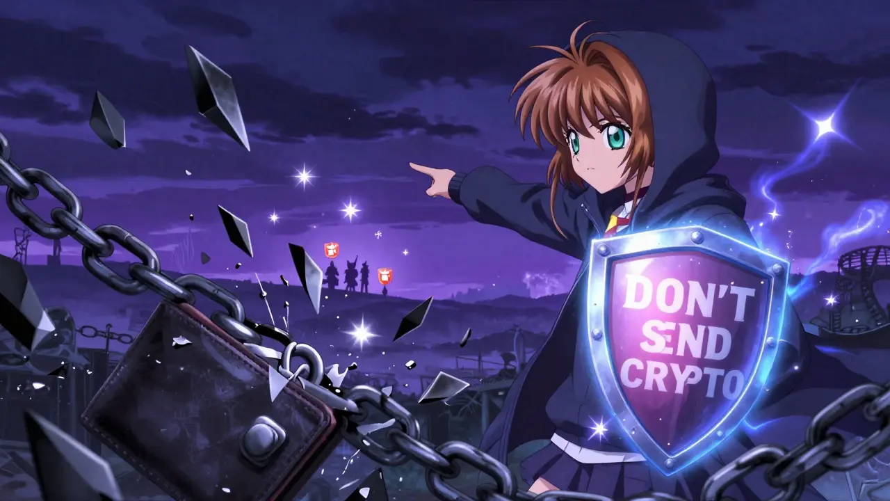 A hero defends against scam tokens with a shield, official Shiba logos shining in the night sky.