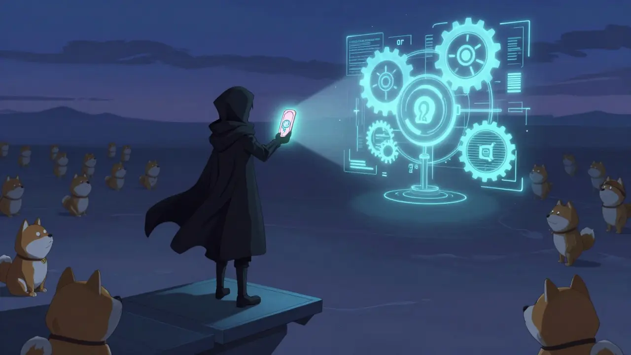 A hooded figure holding an MOB token beneath a half-built redemption tool in the dark.