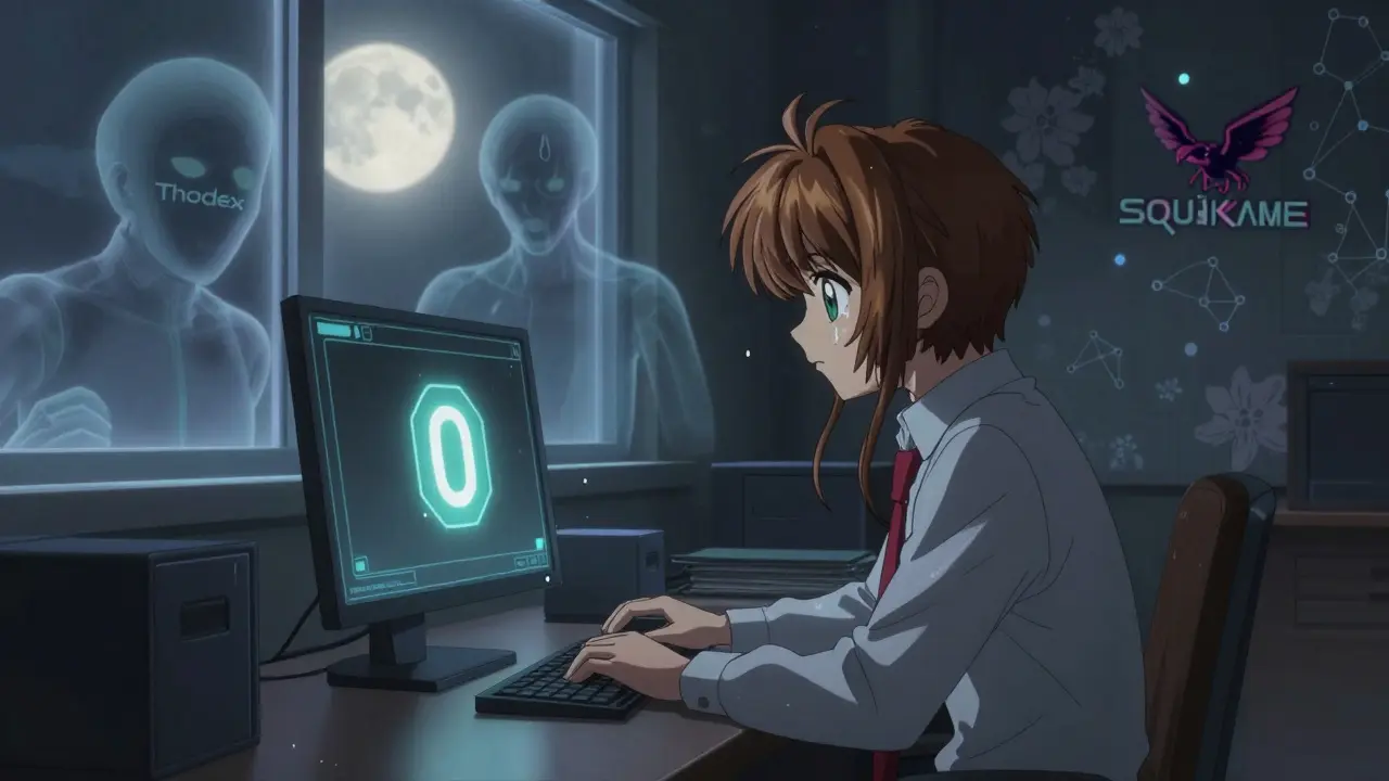 A lonely investor stares at a zero-value token as ghostly scam logos drift behind them in moonlight.