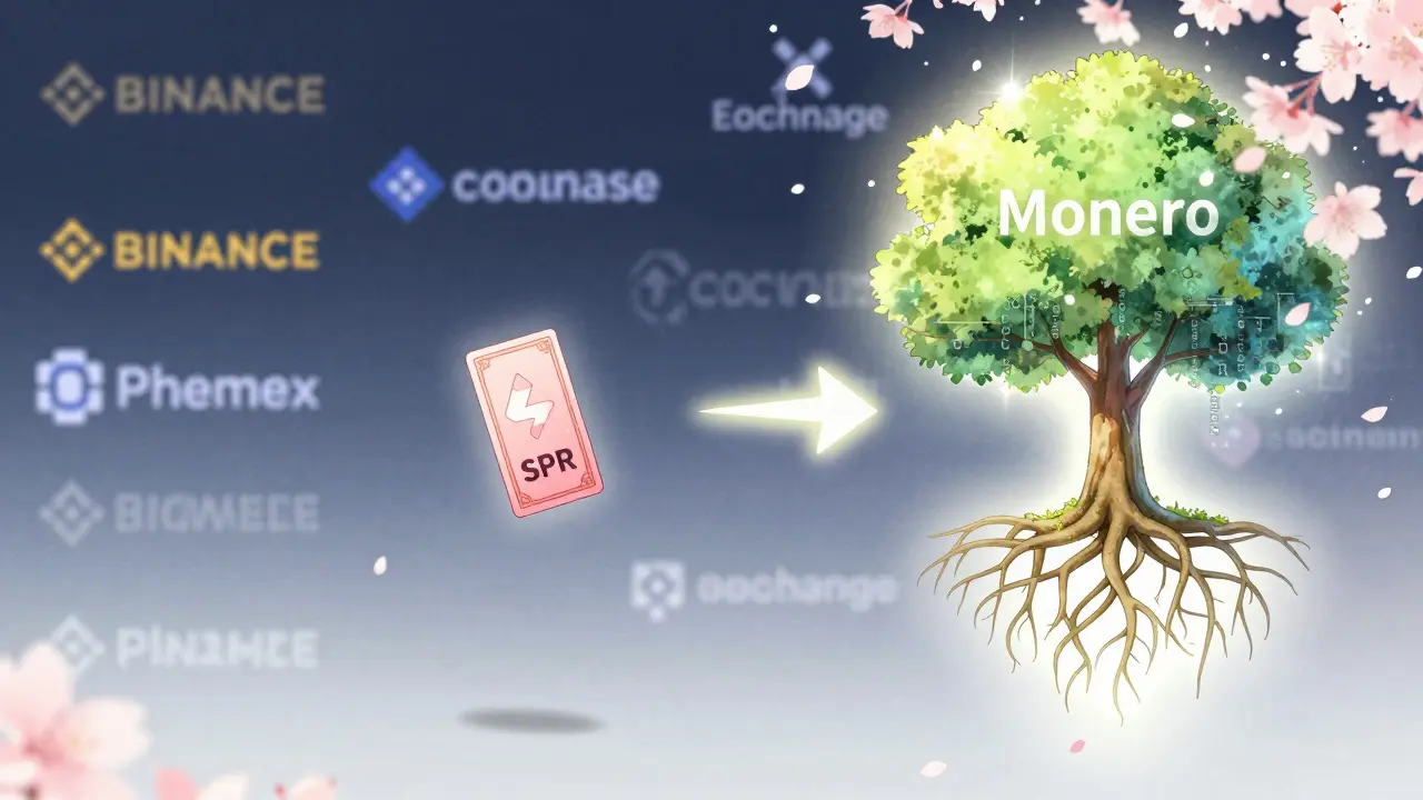 A lonely SPR card floats in a digital void as major exchanges fade away, pointing toward a thriving Monero tree.