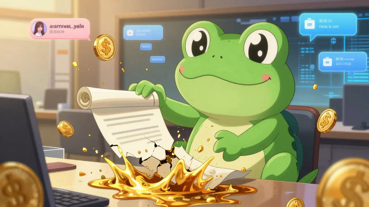 A mischievous frog mascot drains liquidity from a crumbling contract amid fading celebrity endorsements.