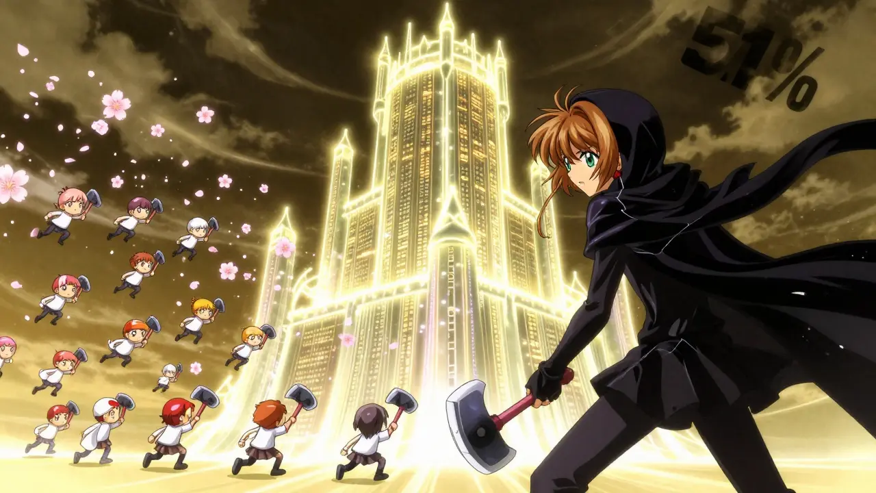 A shadowy attacker overwhelmed by a storm of miner spirits defending a glowing blockchain fortress.