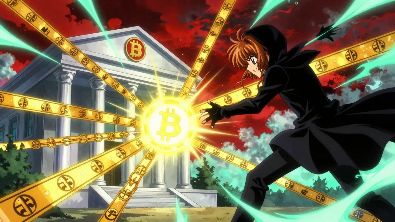 A shadowy figure blocked by golden regulatory barriers while trying to send crypto through an unregulated channel.