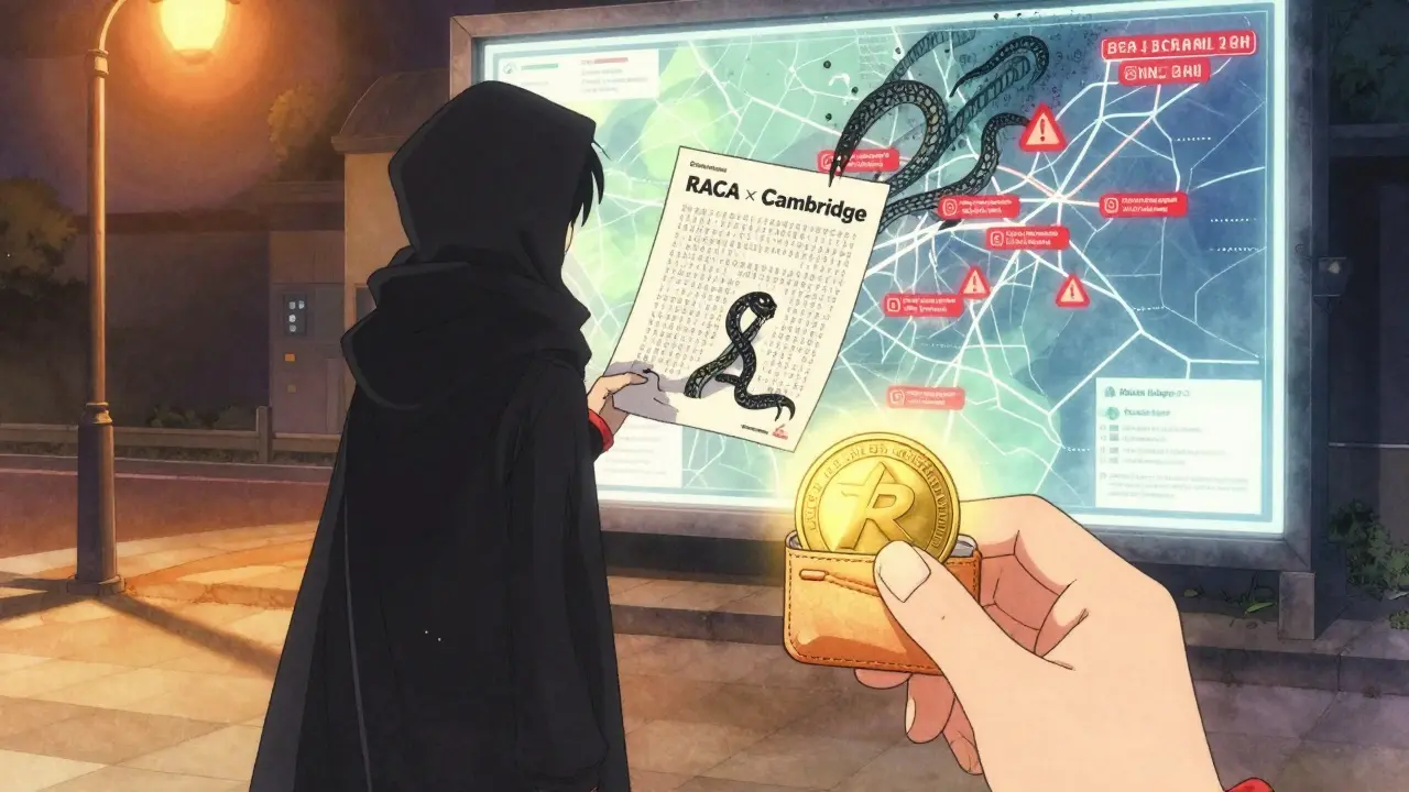 A shadowy scammer holds a fake flyer turning into binary snakes, while a real wallet glows safely in the foreground, anime style.