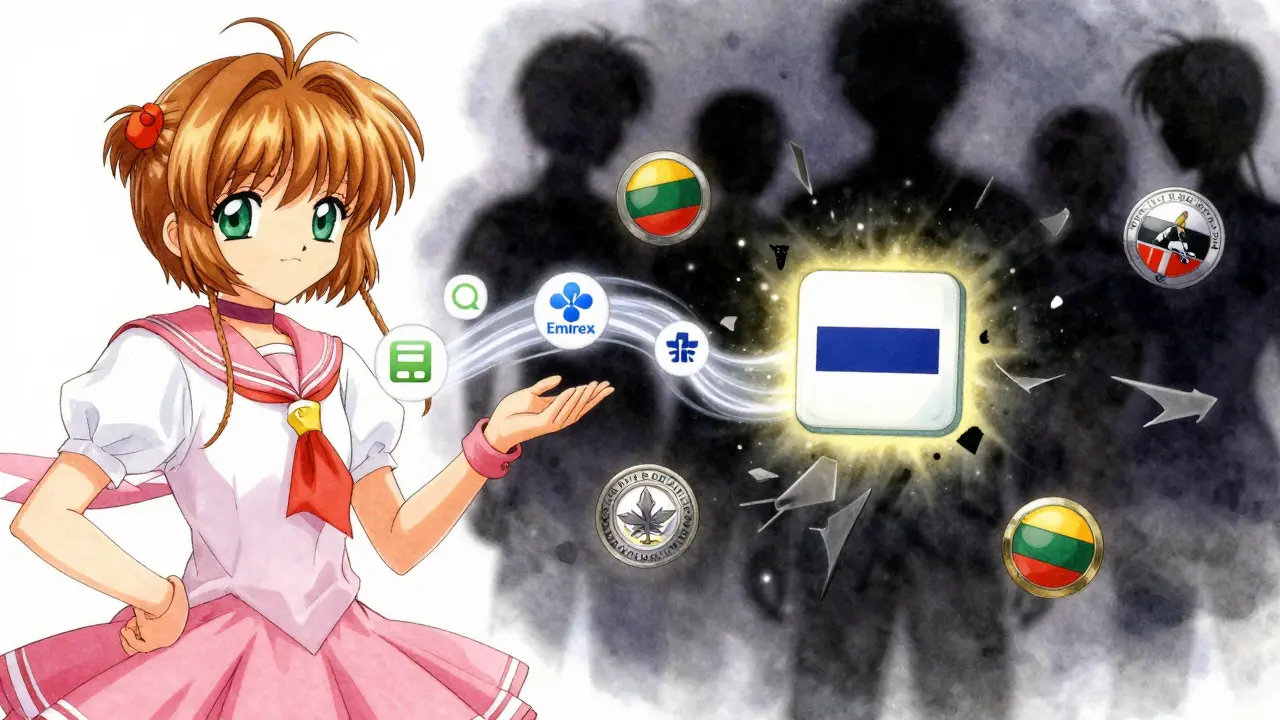 A split scene showing smooth bank transfers on one side and crumbling fake regulatory badges on the other, with a verified Estonian license glowing centrally.